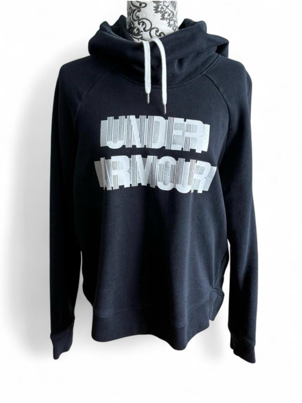Under Armour Women's Black Hoodie with White Logo and Drawstring